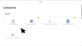 Lessons page in Xello. The cursor is clicking a custom lesson called Career Bucket List.